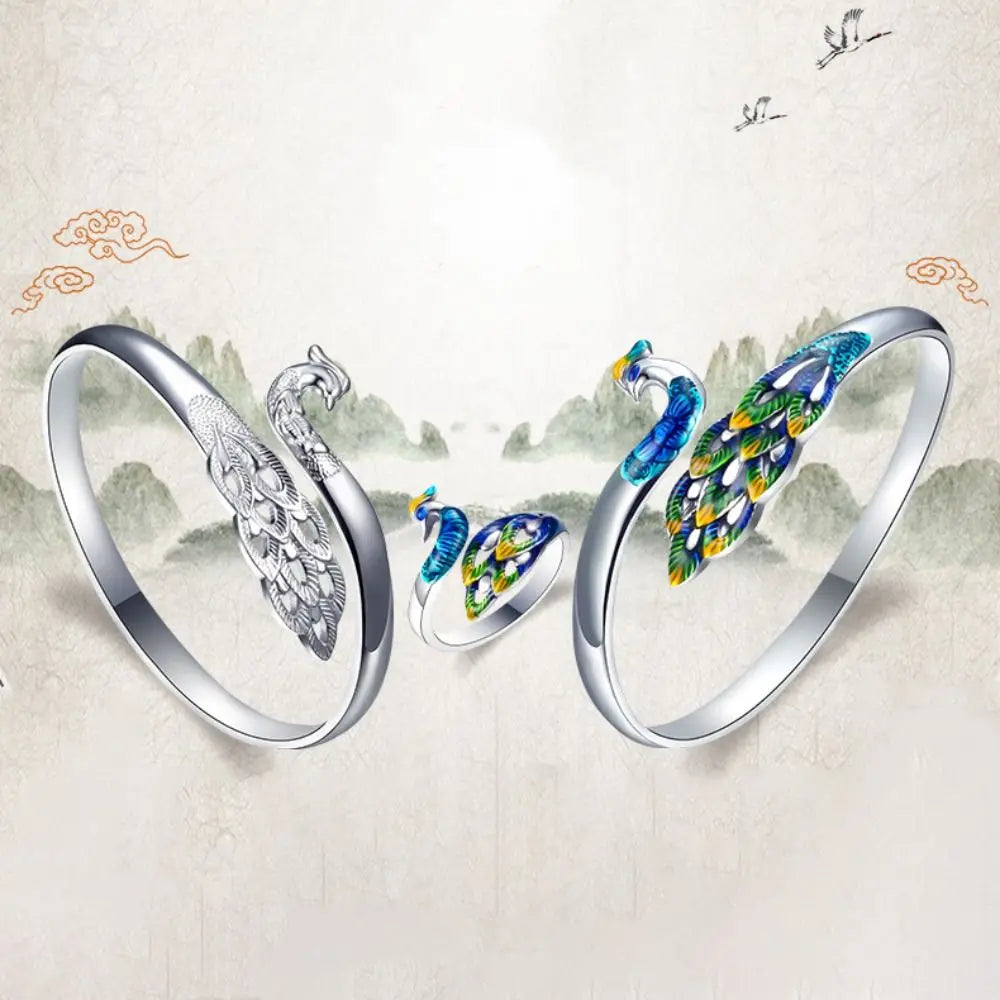 Hollow Peacock Enamel Bangle – Vintage Chinese Style Bracelet Enamel Cuff Bracelet PLUSH