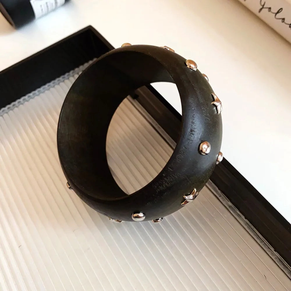 Chinese Style Wooden Bangle – Punk Y2K Wide Rivet Bracelet Wooden Bangle Bracelet PLUSH Style C