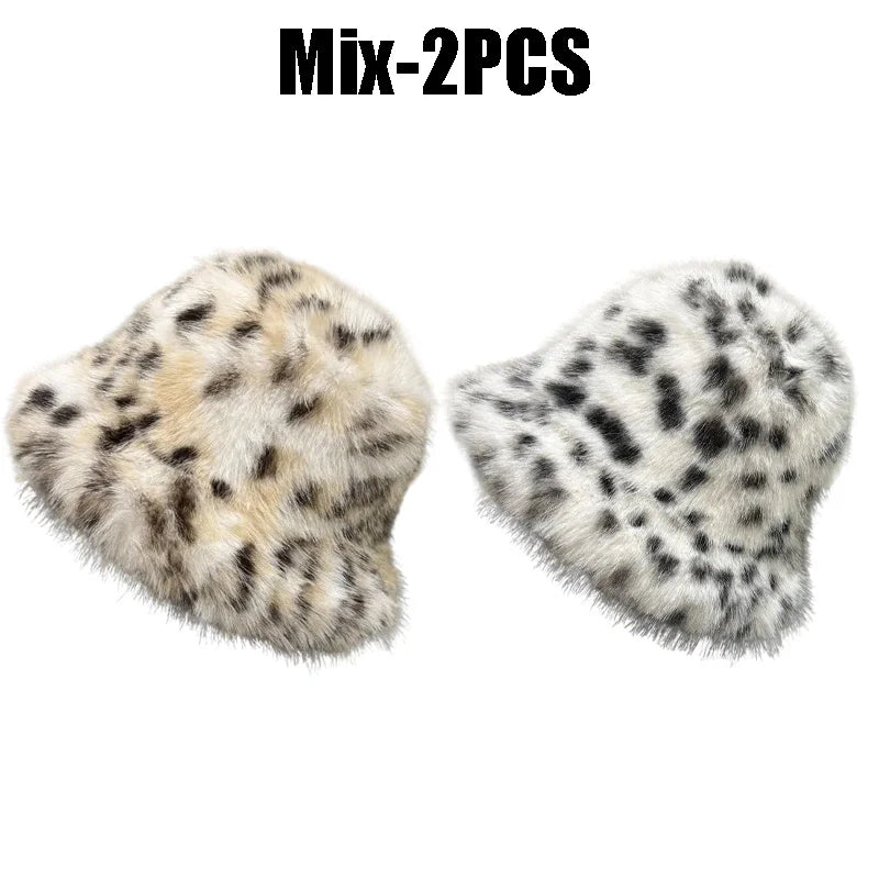 Women's Puffy Faux Fur Bucket Hat | Leopard Print Winter Hat Faux Fur Bucket Hat PLUSH Mix-2PCS