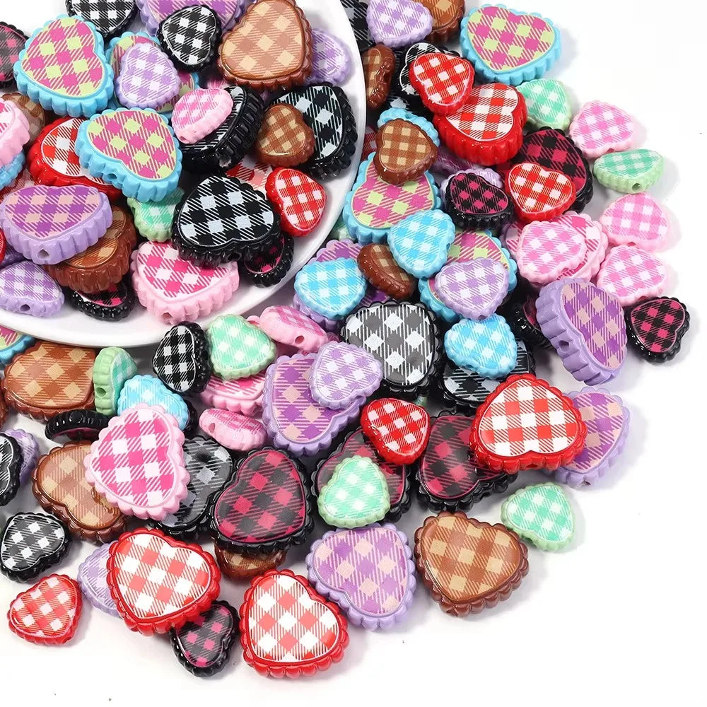6pcs Plaid Heart Acrylic Spacer Beads – Colorful DIY Jewelry Acrylic Spacer Beads PLUSH