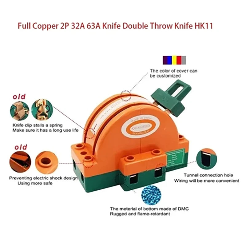DPDT Knife Disconnect Switch 32A 63A 100A – 2 Pole Double Throw Knife Disconnect Switch PLUSH