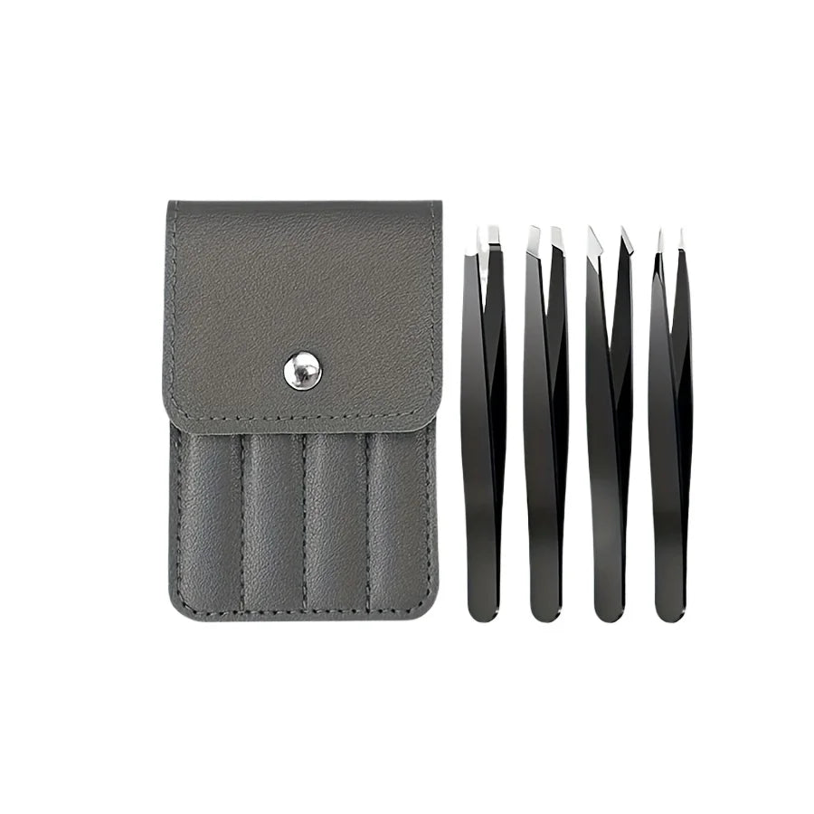 Ouriner 4-Piece Stainless Steel Eyebrow Tweezers Set & Case Eyebrow Tweezers Set PLUSH Gray