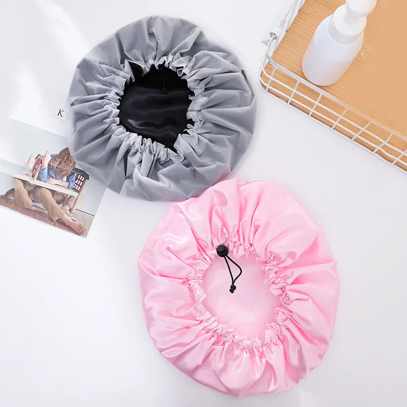Double-Layer Oversized Drawstring Shower Cap – Satin & PEVA Shower Cap PLUSH