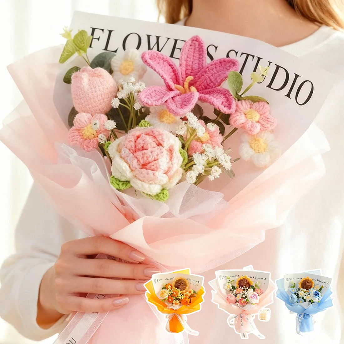 Knitted Crochet Flower Bouquet – Artificial Rose & Carnation Gift Crochet Flower Bouquet PLUSH