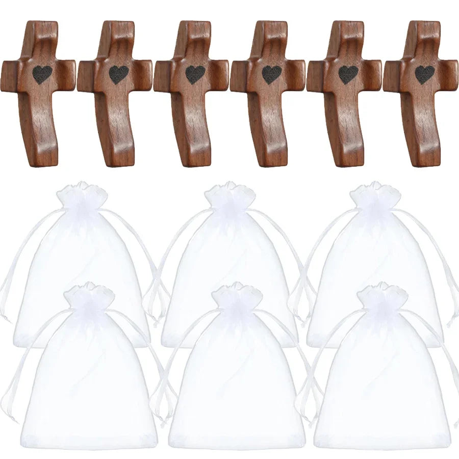 Pocket Wooden Fidget Cross with Organza Bags – 3-12pcs Set Wooden Pocket Cross PLUSH Brown-6PCS