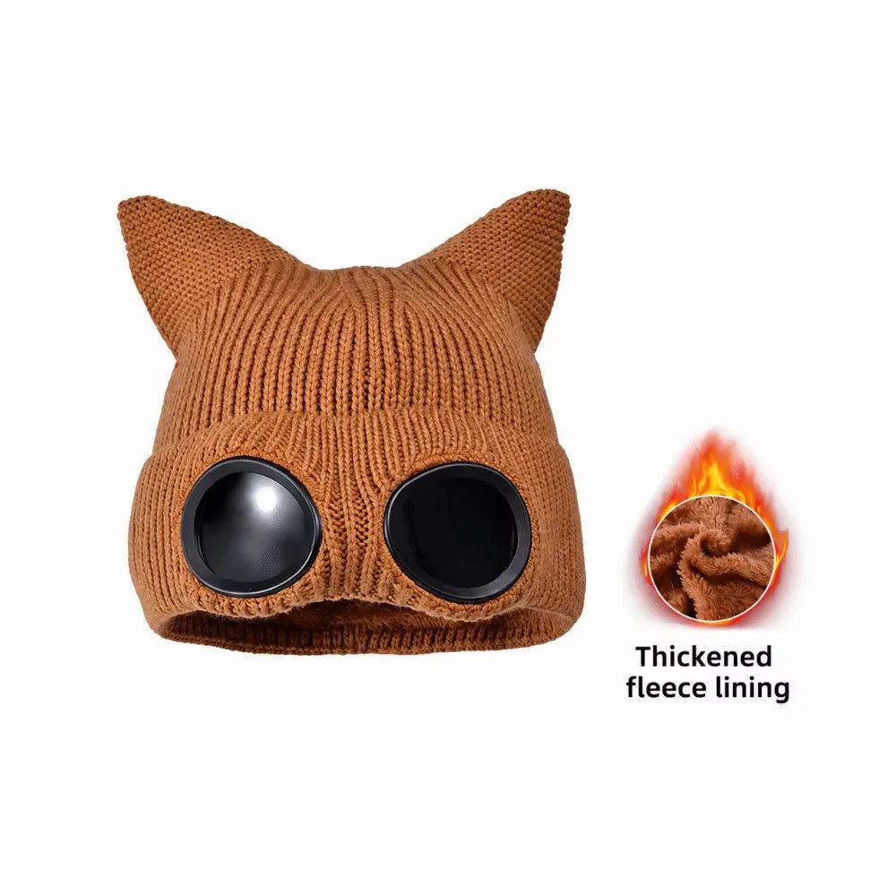 Women's Windproof Knit Ski Mask Hat with Removable Glasses Knit Ski Mask Hat PLUSH Brown