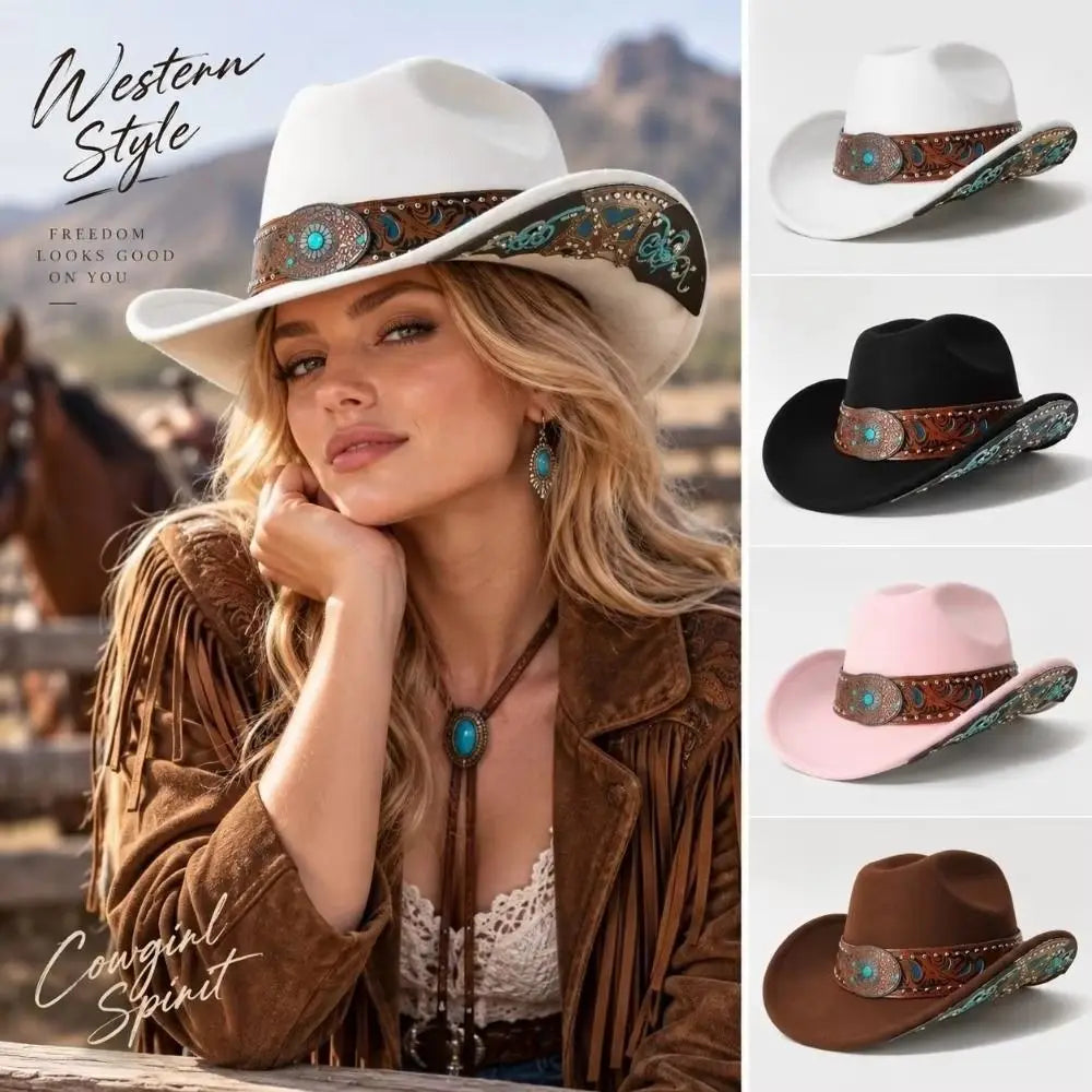 Western Cowboy Hat Turquoise Decor Wide Brim Cowgirl Fedora Western Cowgirl Hat PLUSH