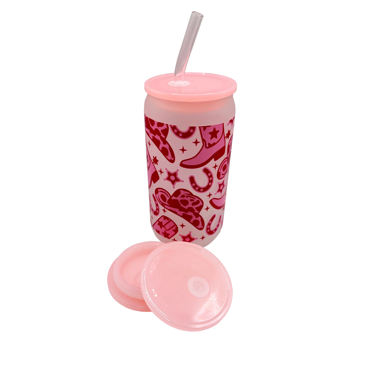 Western Cowgirl 16 oz Glass Cup with Straw, Lid & Brush Glass Drinkware Set PLUSH