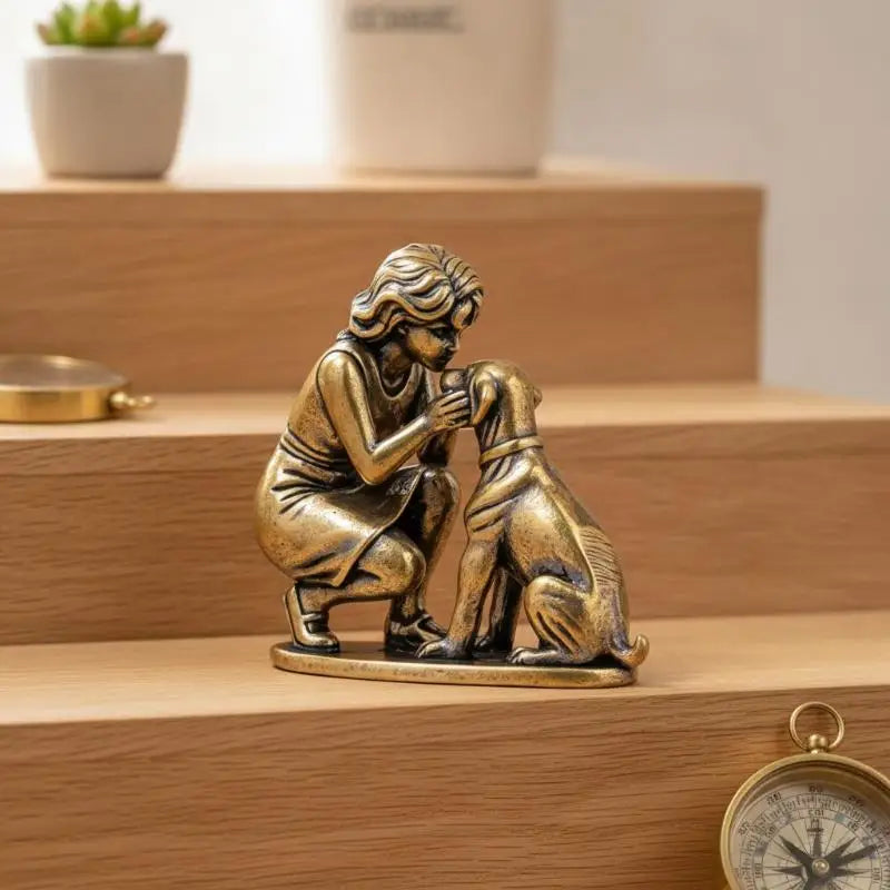 Brass Girl & Dog Figurine – Retro Mini Desktop Ornament Decor Brass Desktop Figurine PLUSH