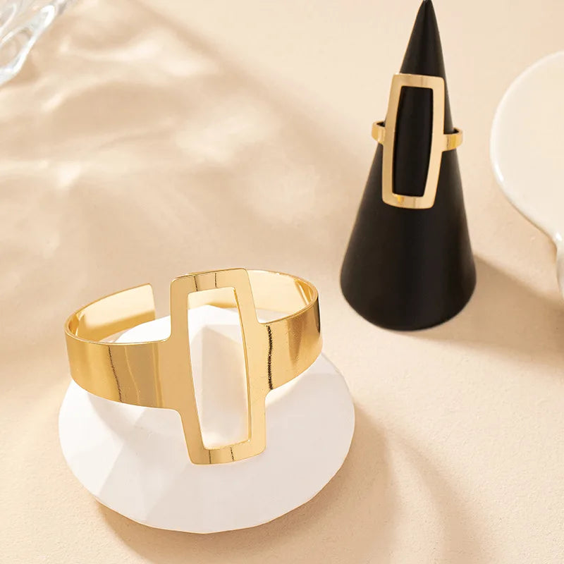 Geometric Hollowed Square Stainless Steel Ring & Bracelet Set Jewelry Set PLUSH Gold-color