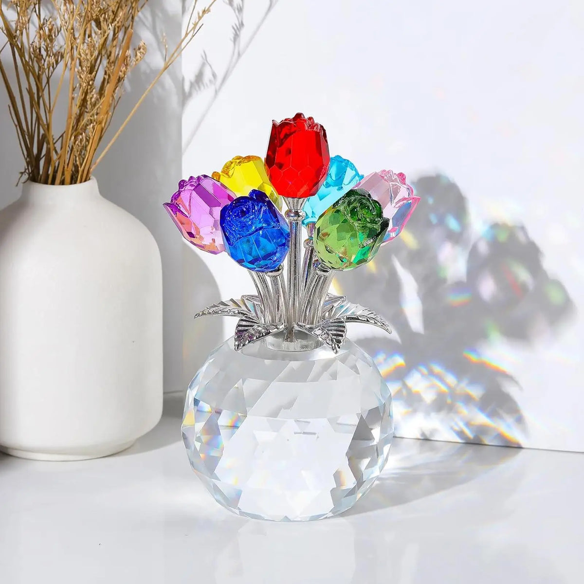 Crystal Rose Bouquet Figurine | Colorful Eternal Rose Decor Crystal Rose Figurine PLUSH