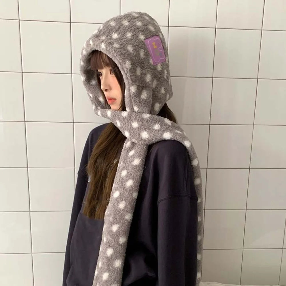Women's Polka Dot Plush Hooded Scarf Balaclava Beanie Cap Hooded Scarf Beanie PLUSH
