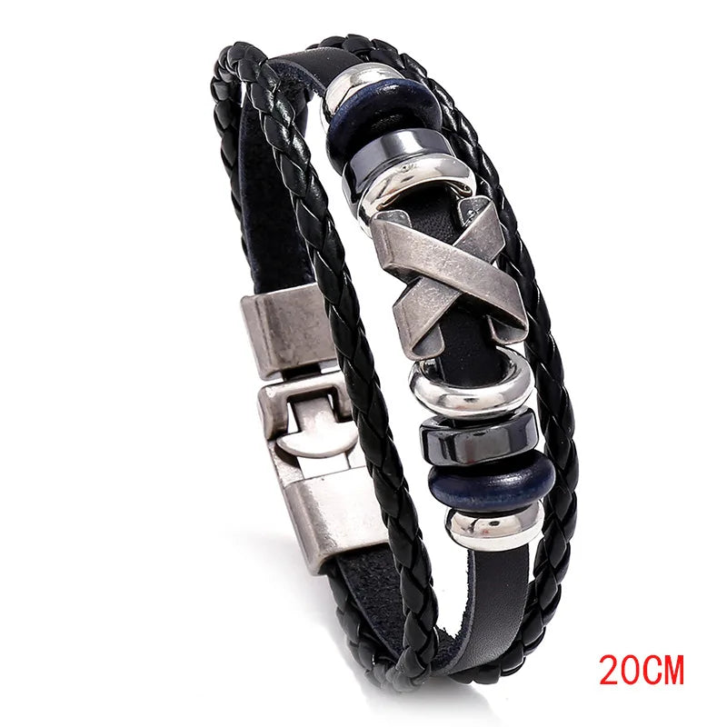 Men's Vintage X Stud Leather Bracelet – Black Brown White Leather Bracelet PLUSH Black 20CM