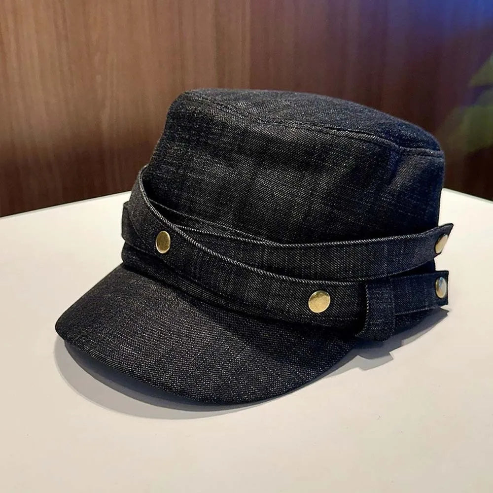Washed Denim Flat Cap – Vintage Visor Hat Adjustable Strap Denim Flat Cap PLUSH