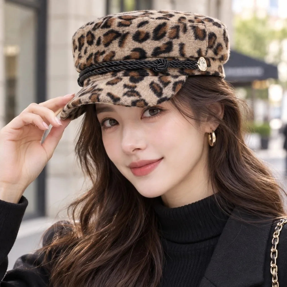 Vintage Newsboy Beret Hat – Leopard Print Flat Top Cap Newsboy Beret Hat PLUSH