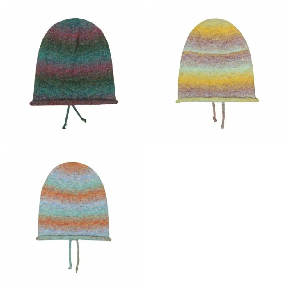 Gradient Knit Beanie Hat – Rolled Brim Drawstring Streetwear Cap Knit Beanie Hat PLUSH