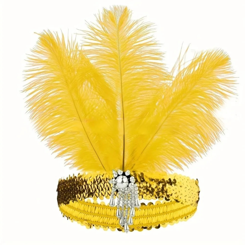Vintage 1920s Feather Headband – Sequin Rhinestone Headpiece Feather Headband PLUSH Yellow