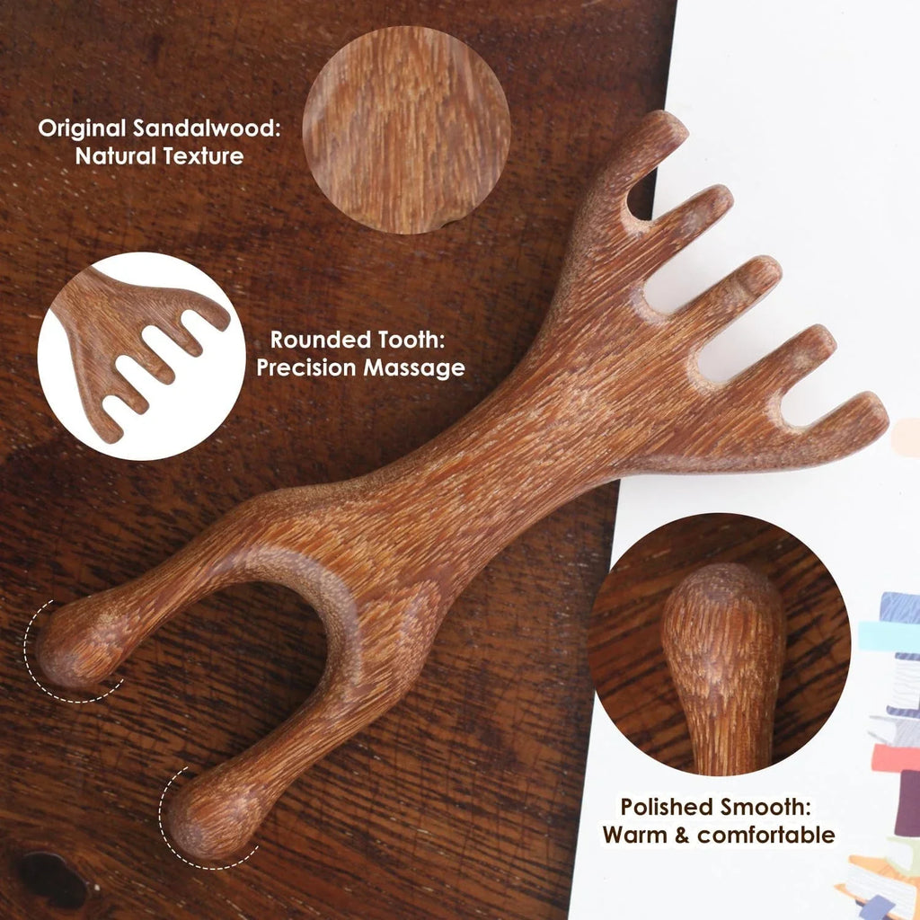 Natural Sandalwood Scalp Massager & Gua Sha Comb – 5-Claw Scalp Massage Comb PLUSH