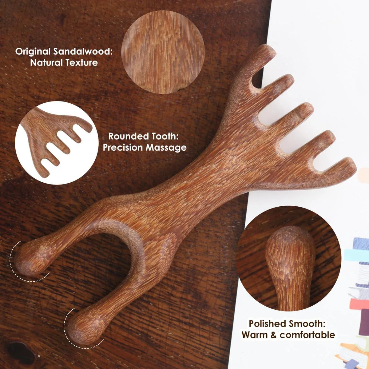 Natural Sandalwood Scalp Massager & Gua Sha Comb – 5-Claw Scalp Massage Comb PLUSH