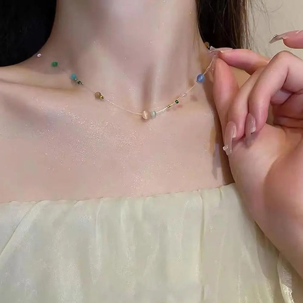 Vintage Korean Style Colorful Beaded Resin Clavicle Necklace Beaded Choker Necklace PLUSH