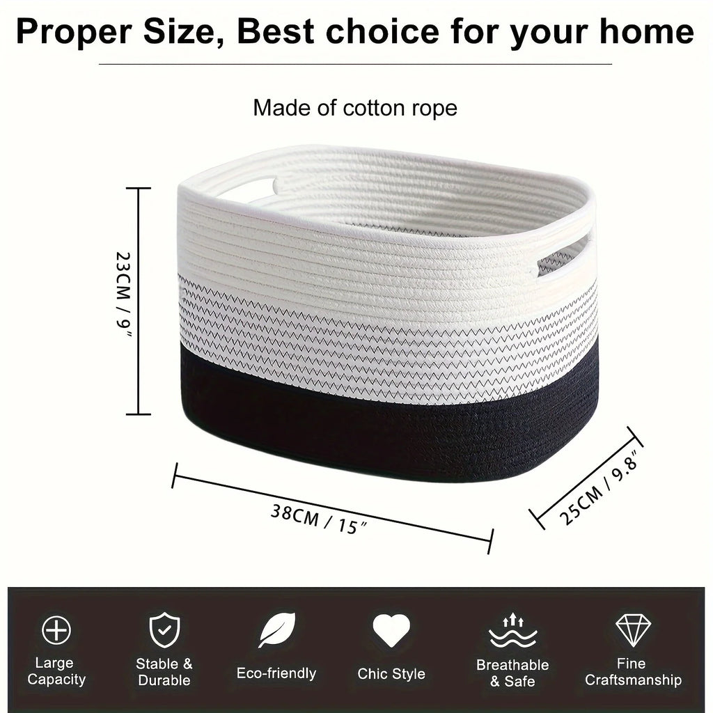 Woven Cotton Rope Storage Basket with Handles – Rectangular Woven Storage Basket PLUSH