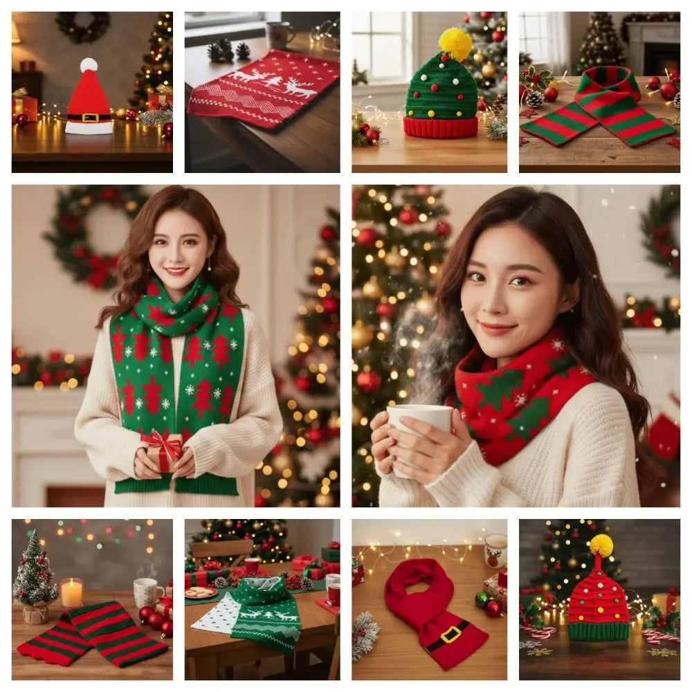 Knitted Christmas Hat & Scarf Set – Striped Snowflake Pom Holiday Knit Set PLUSH