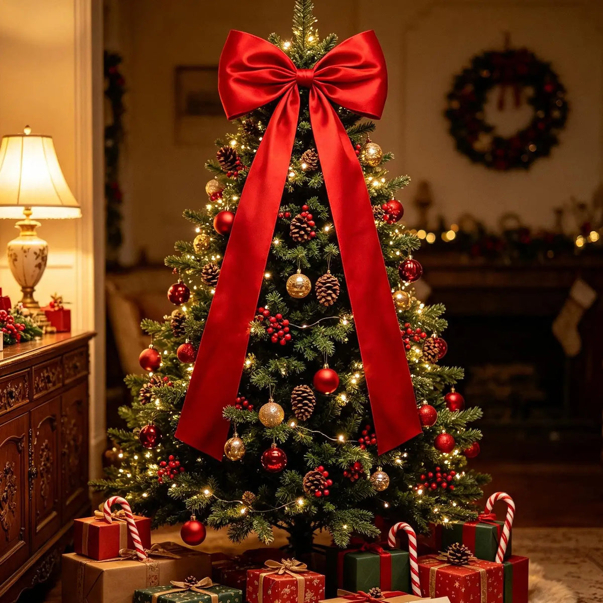 Large 47" Christmas Tree Bow Topper – Plush 3D Holiday Décor Christmas Tree Topper PLUSH