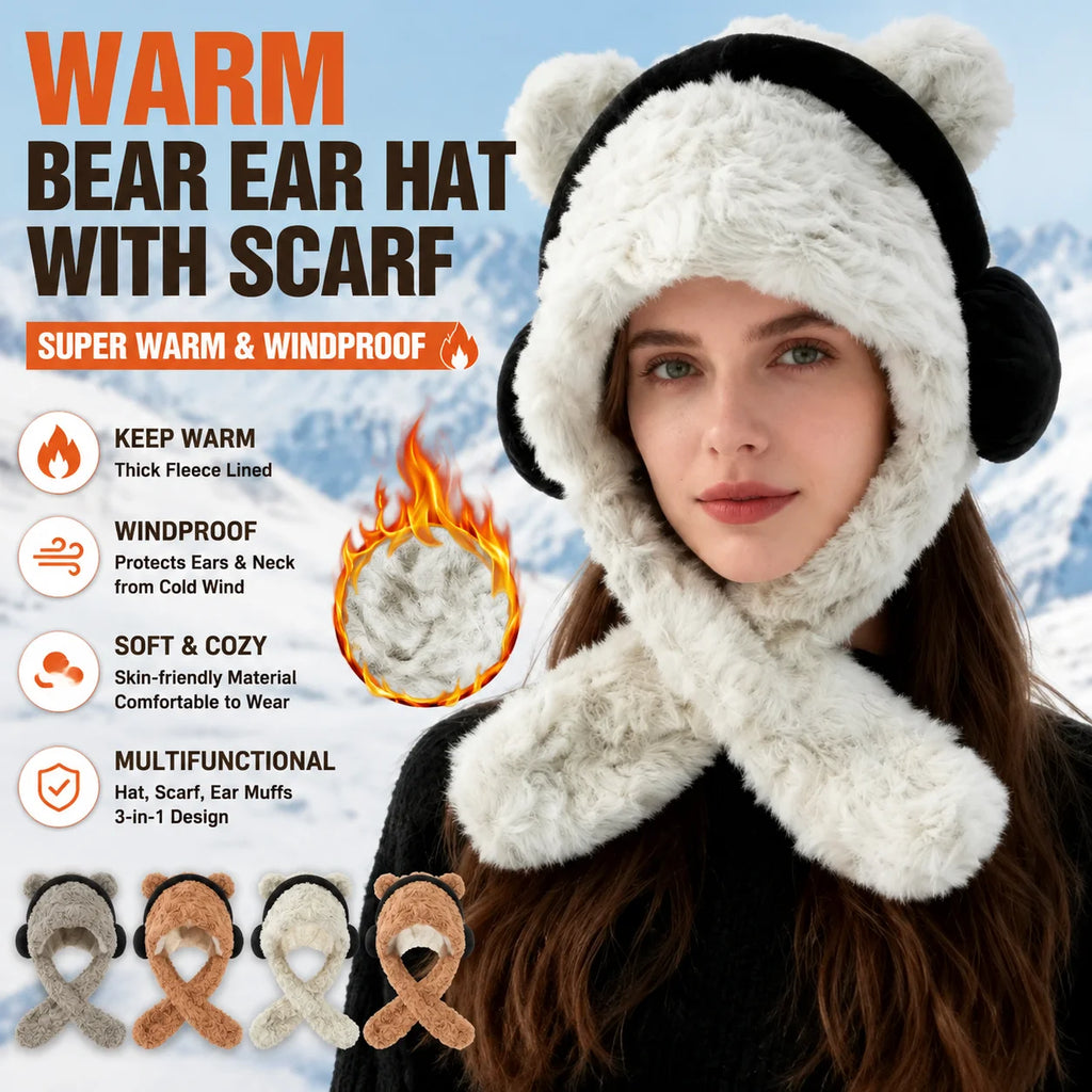 Women's Bear Ear Hat & Scarf Set – Fleece Lined Winter Hood Winter Hat Scarf Set PLUSH