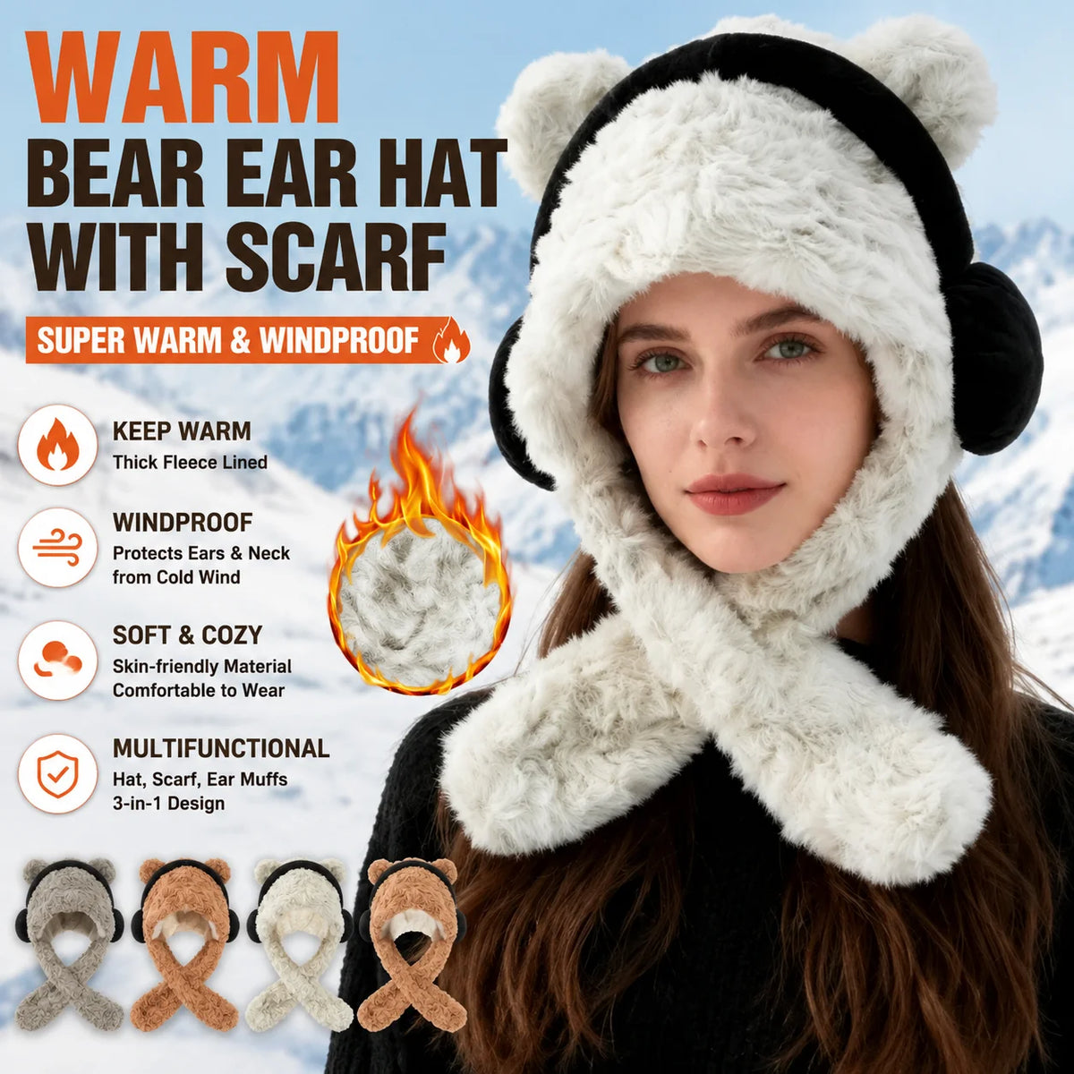 Women's Bear Ear Hat & Scarf Set – Fleece Lined Winter Hood Winter Hat Scarf Set PLUSH