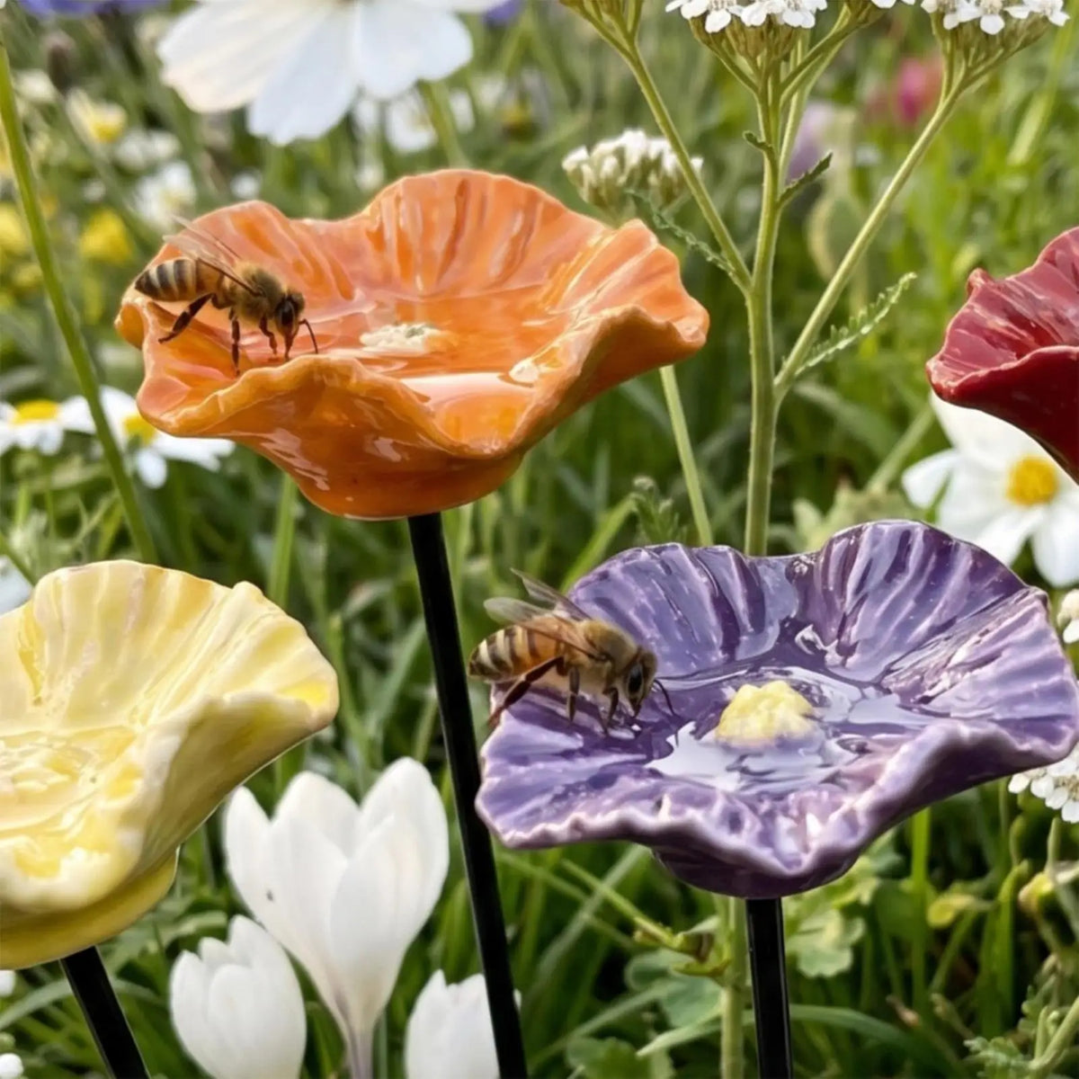 Resin Flower Bee & Butterfly Watering Station with Stake Garden Pollinator Feeder PLUSH