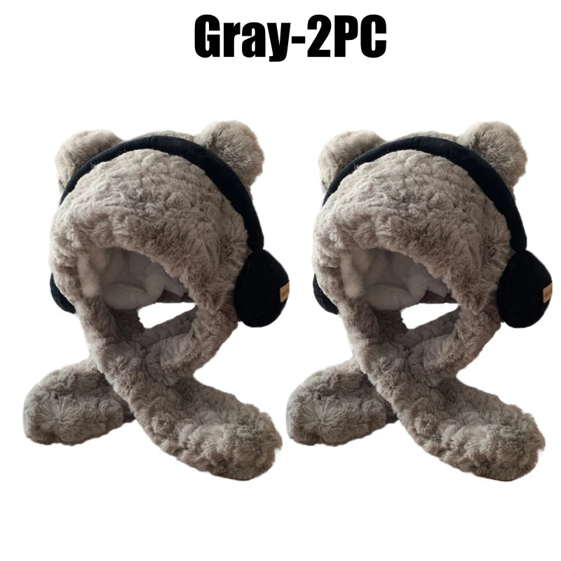 Women's Bear Ear Hat & Scarf Set – Fleece Lined Winter Hood Winter Hat Scarf Set PLUSH Gray-2PC