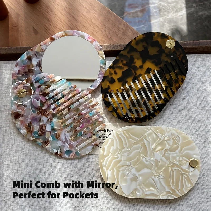 Foldable Travel Hair Comb with Mirror – Wide Tooth Detangler Travel Hair Comb PLUSH