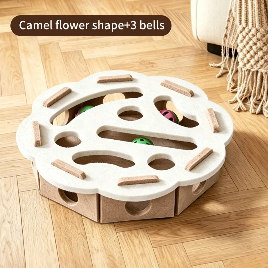 Felt Cat Puzzle Maze Toy – Bell Balls & Scratching Strips Cat Puzzle Toy PLUSH round off-white