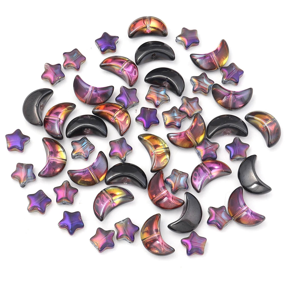 50pcs Star & Moon Glass Spacer Beads – Color Plated DIY Jewelry Glass Spacer Beads PLUSH Mixed 02