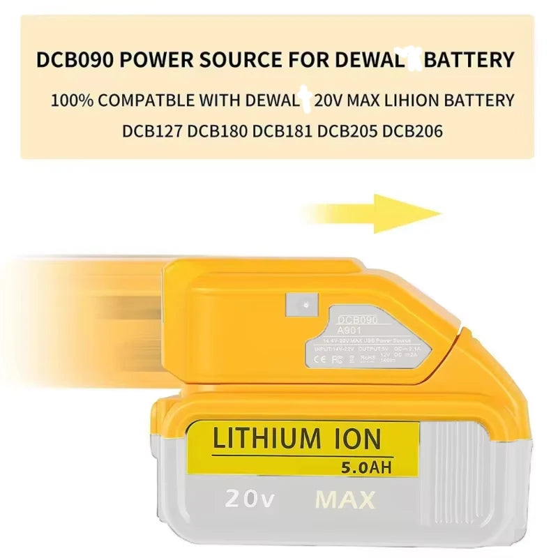 DCB090 Battery Adapter for DeWalt 18V 20V – Dual USB & LED Battery Power Adapter PLUSH