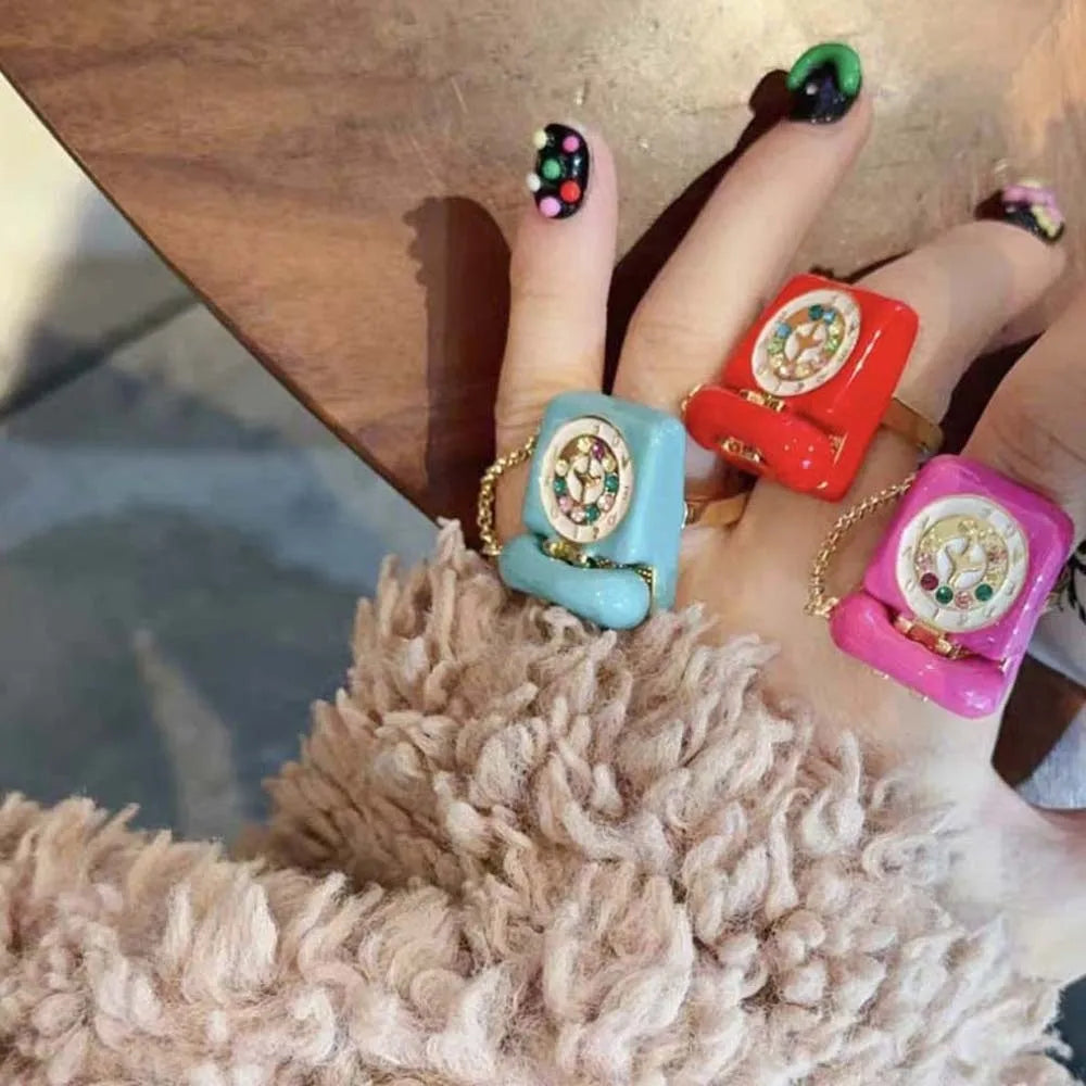 Vintage Enamel Telephone Ring | Magnetic Open Split Alloy Ring Enamel Fashion Ring PLUSH