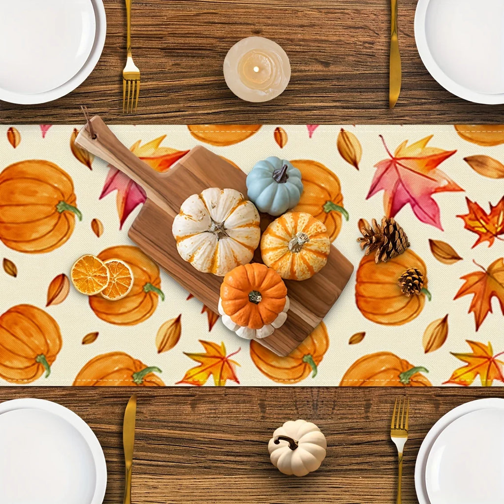 Autumn Pumpkin Maple Leaf Watercolor Table Runner | Fall Décor Table Runner PLUSH