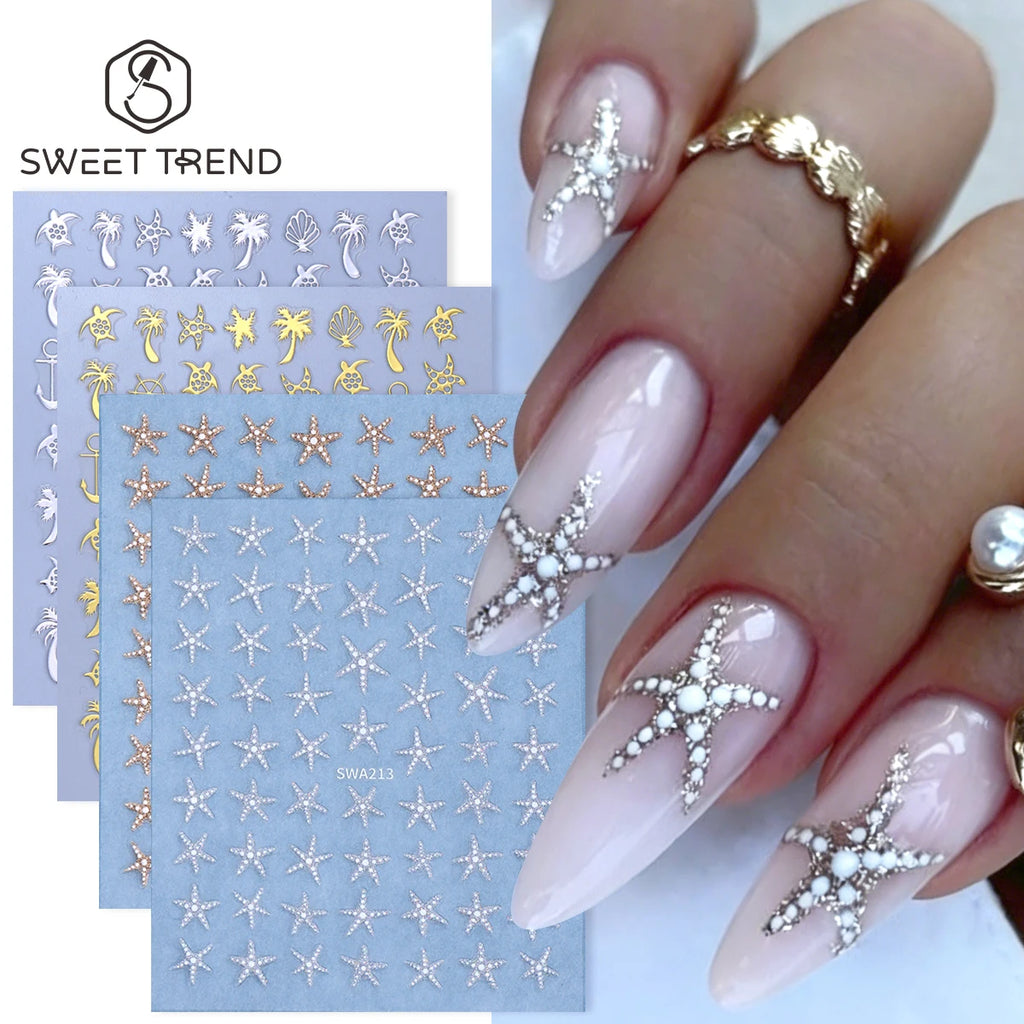 4pcs Marine Life Nail Stickers Gold Silver Glitter Starfish Nail Art Stickers PLUSH