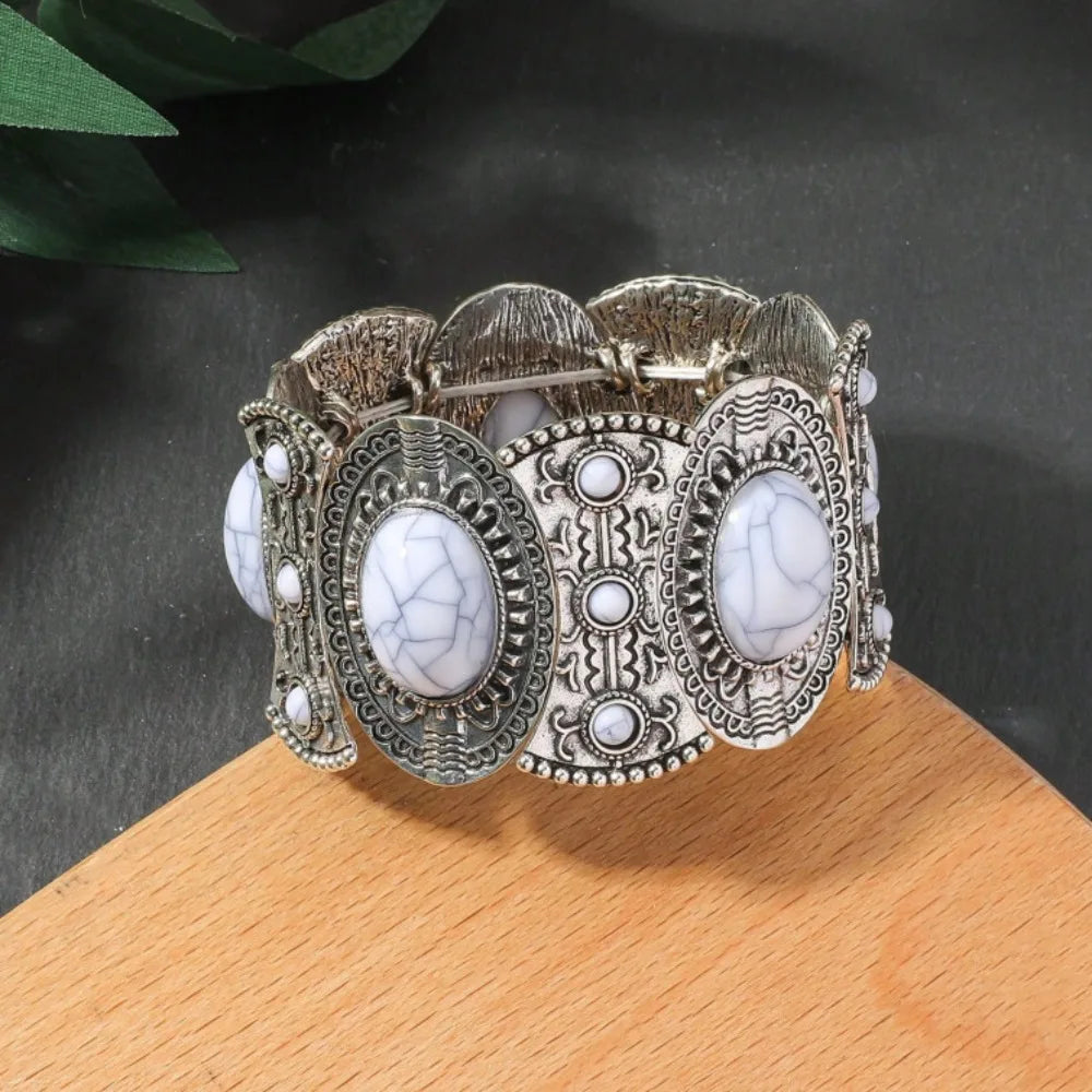 Tribal Wide Elastic Bangle – Bohemian Turquoise Bracelet Cuff Bangle Bracelet PLUSH White