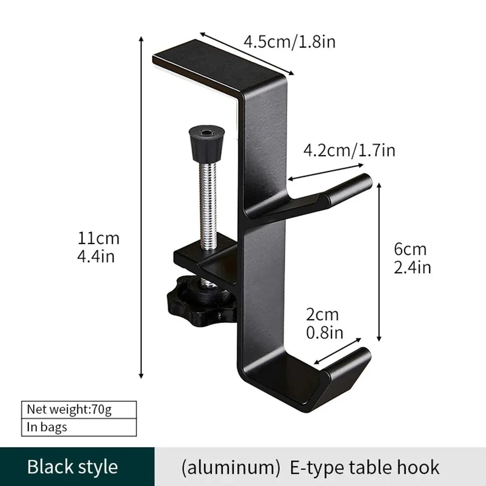 Punch-Free Table Hook – Removable Desk Bag Hanger Desk Bag Hook PLUSH B Black 2Pcs