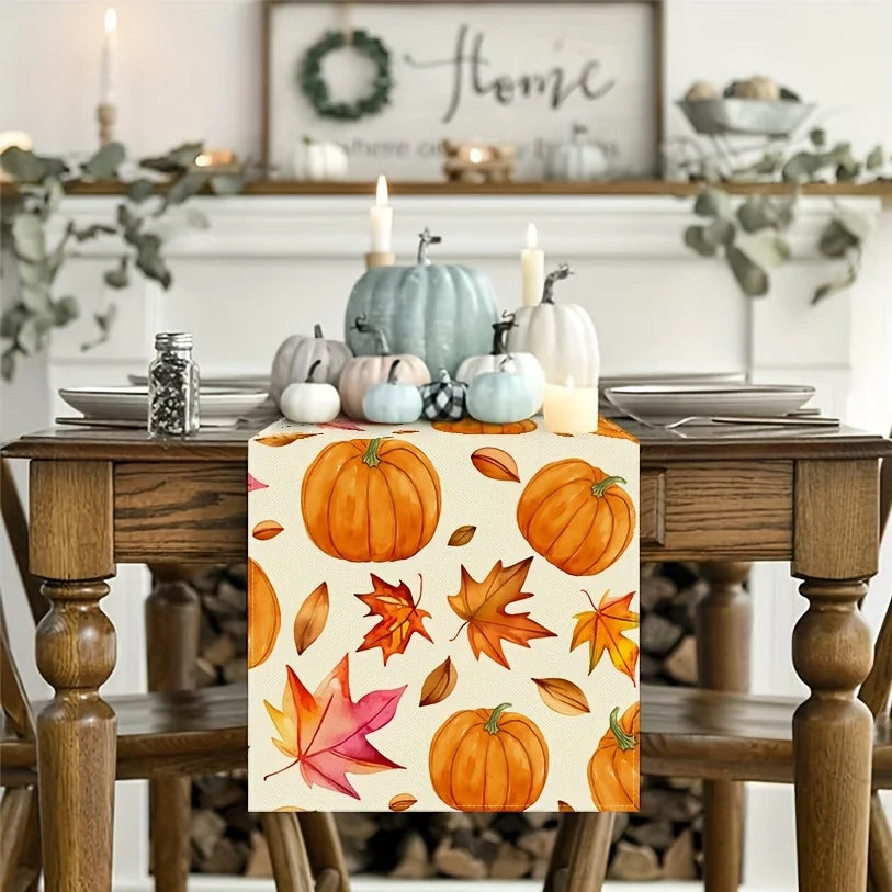 Autumn Pumpkin Maple Leaf Watercolor Table Runner | Fall Décor Table Runner PLUSH