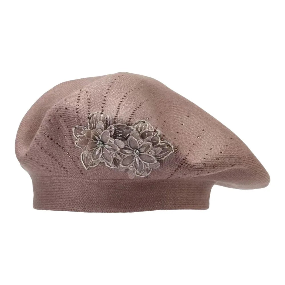 Women's French Beret Hat – Rhinestone Flower Cotton Cap Women's Beret Hat PLUSH Khaki