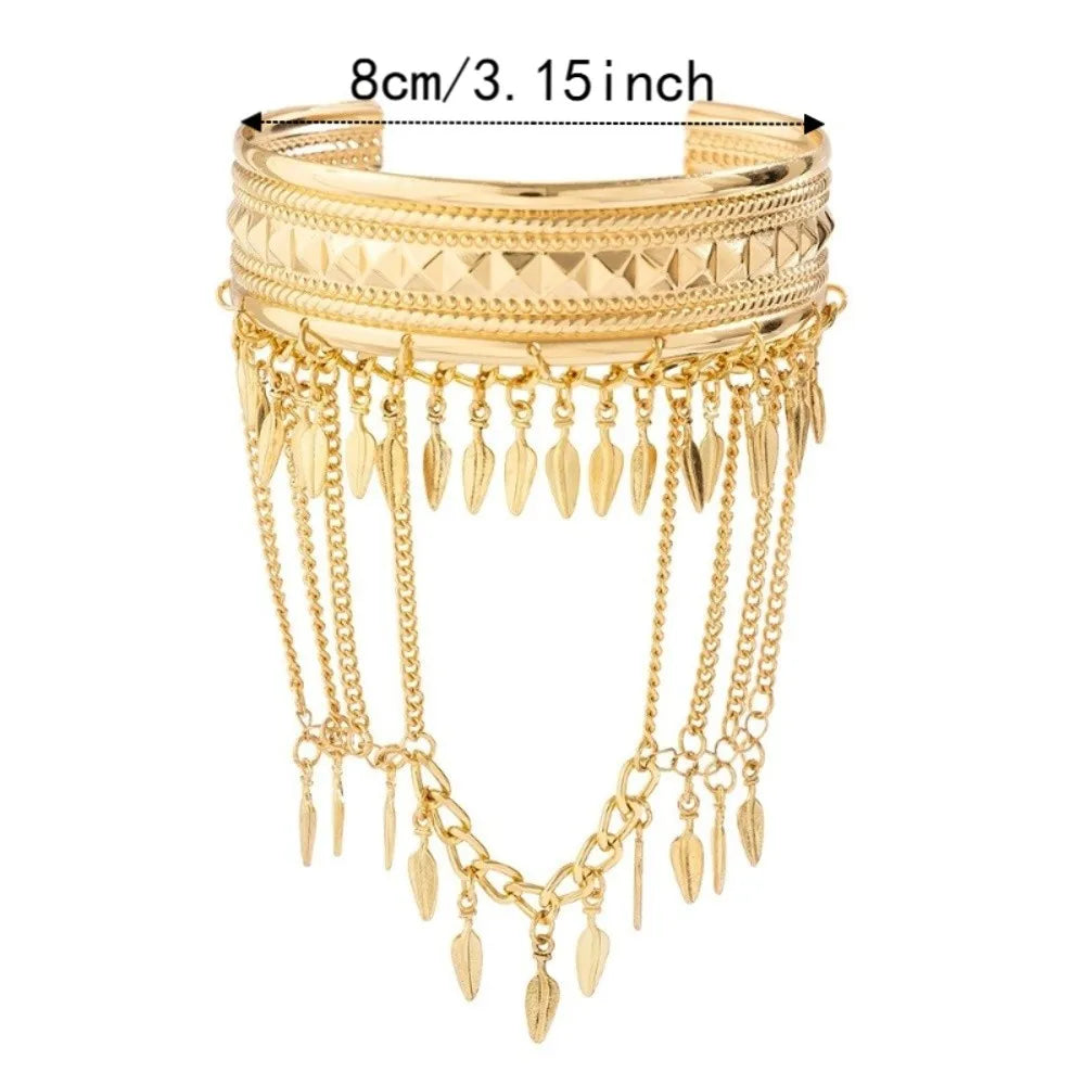 Boho Gold Tassel Arm Cuff Bangle – Adjustable Coin Leaf Armlet Arm Cuff Bangle PLUSH
