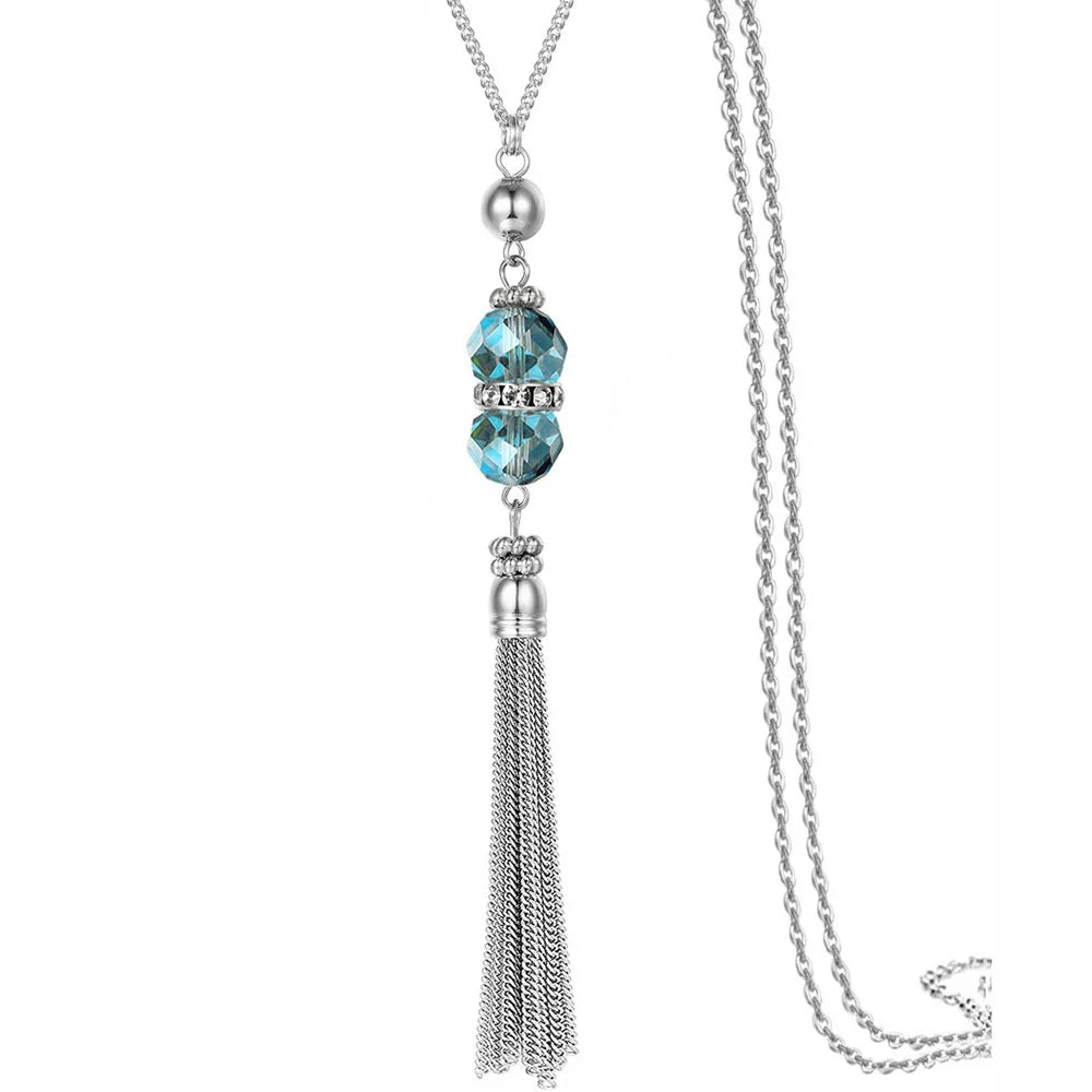 Silver-Tone Long Pendant Sweater Chain Necklace for Women Pendant Necklace PLUSH