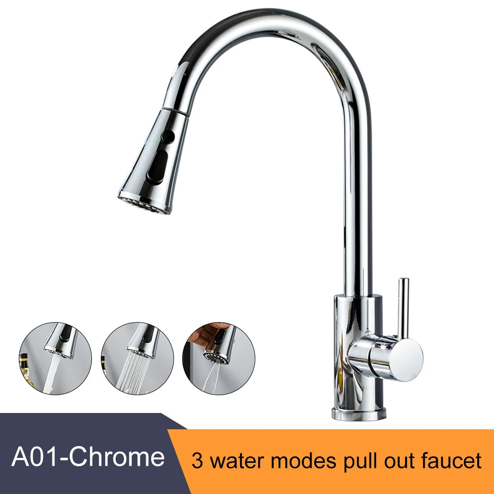 Pull Out Kitchen Faucet Single Handle Hot Cold Mixer Tap Kitchen Faucet PLUSH A01-Chrome G9/16