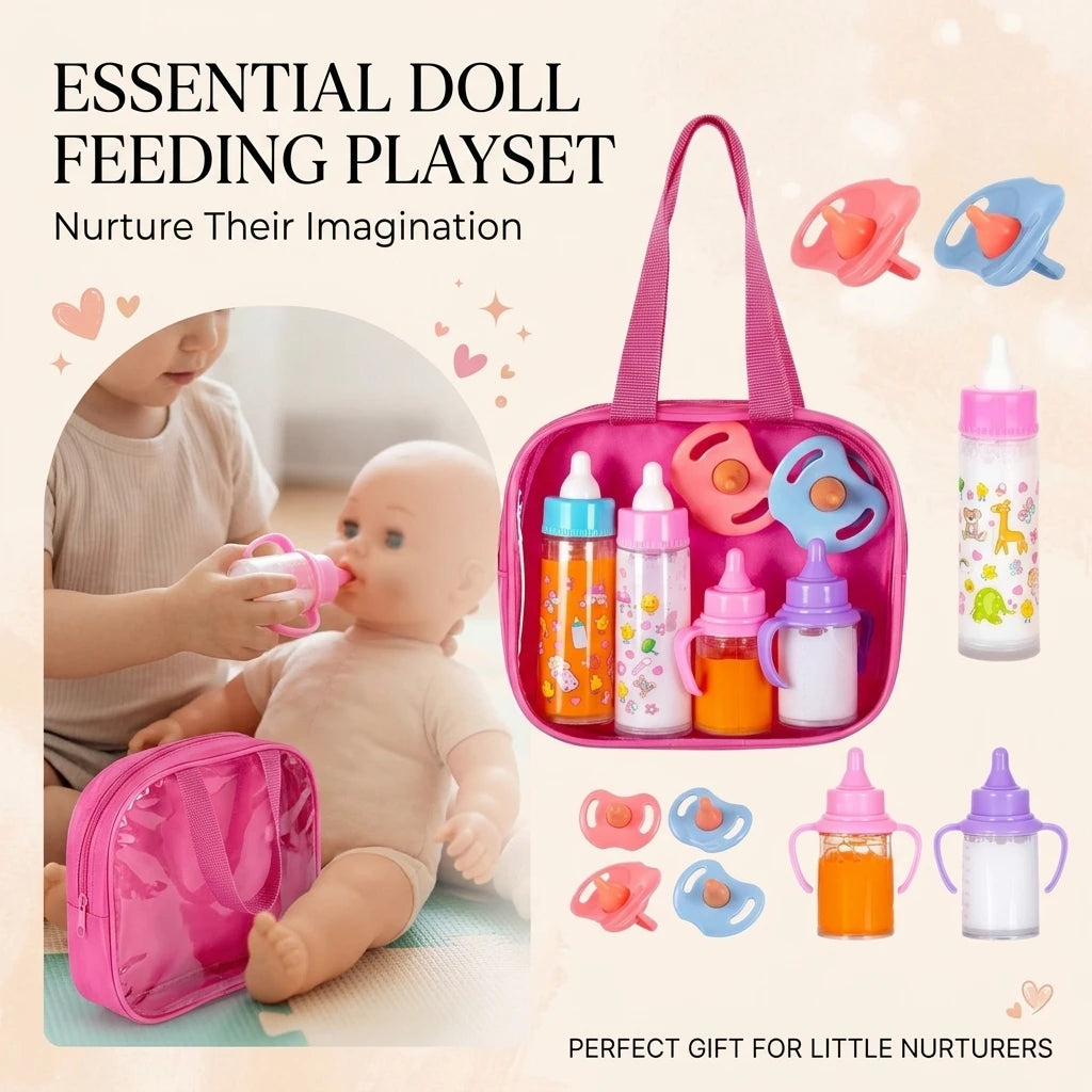 Baby Doll Feeding Bottle Set with Pacifier – 7pc Nursery Toy Doll Accessory Set PLUSH