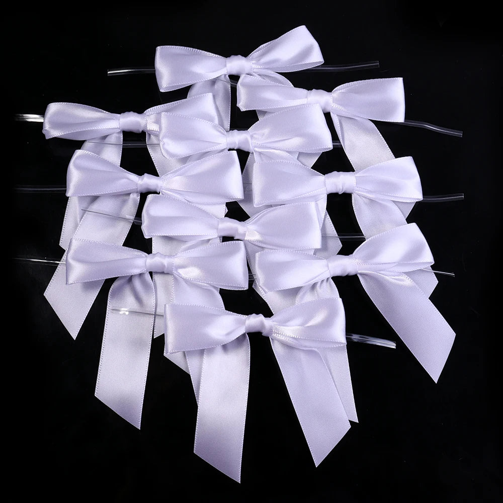 10pcs Satin Ribbon Twist Tie Bows 9x9cm – Gift & Candy Wrap Ribbon Twist Tie Bows PLUSH White 9X9cm