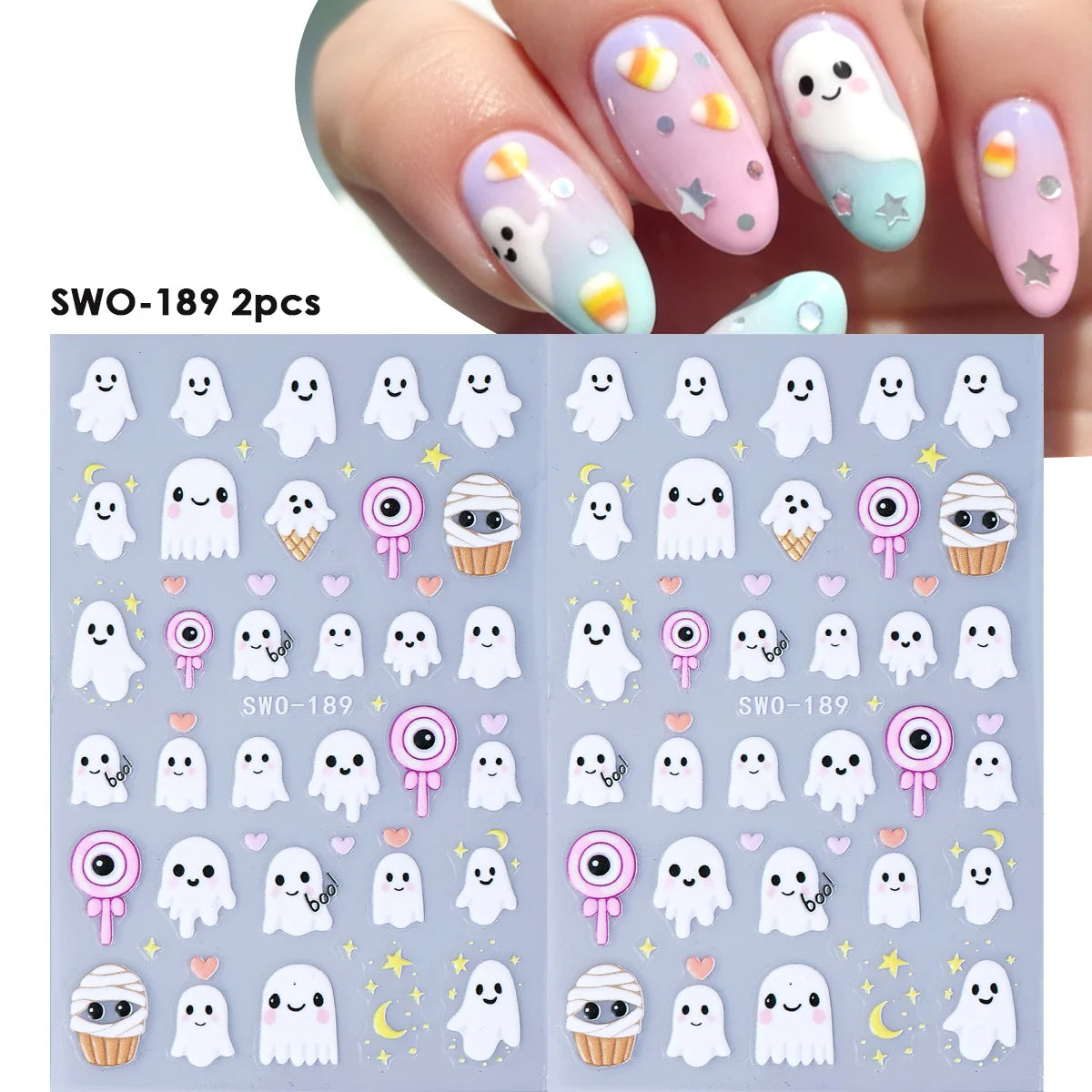 Halloween Nail Decals – Ghosts, Pumpkins & Kawaii Stickers 2pc Nail Art Stickers PLUSH SWO-189 2pcs