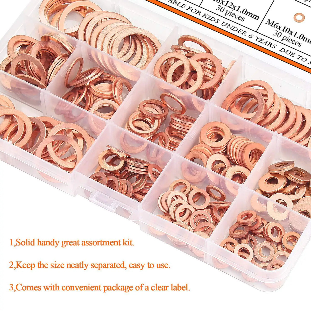 200pcs Copper Sealing Washer Kit M5–M14 Flat Ring Gasket Set Sealing Washer Kit PLUSH