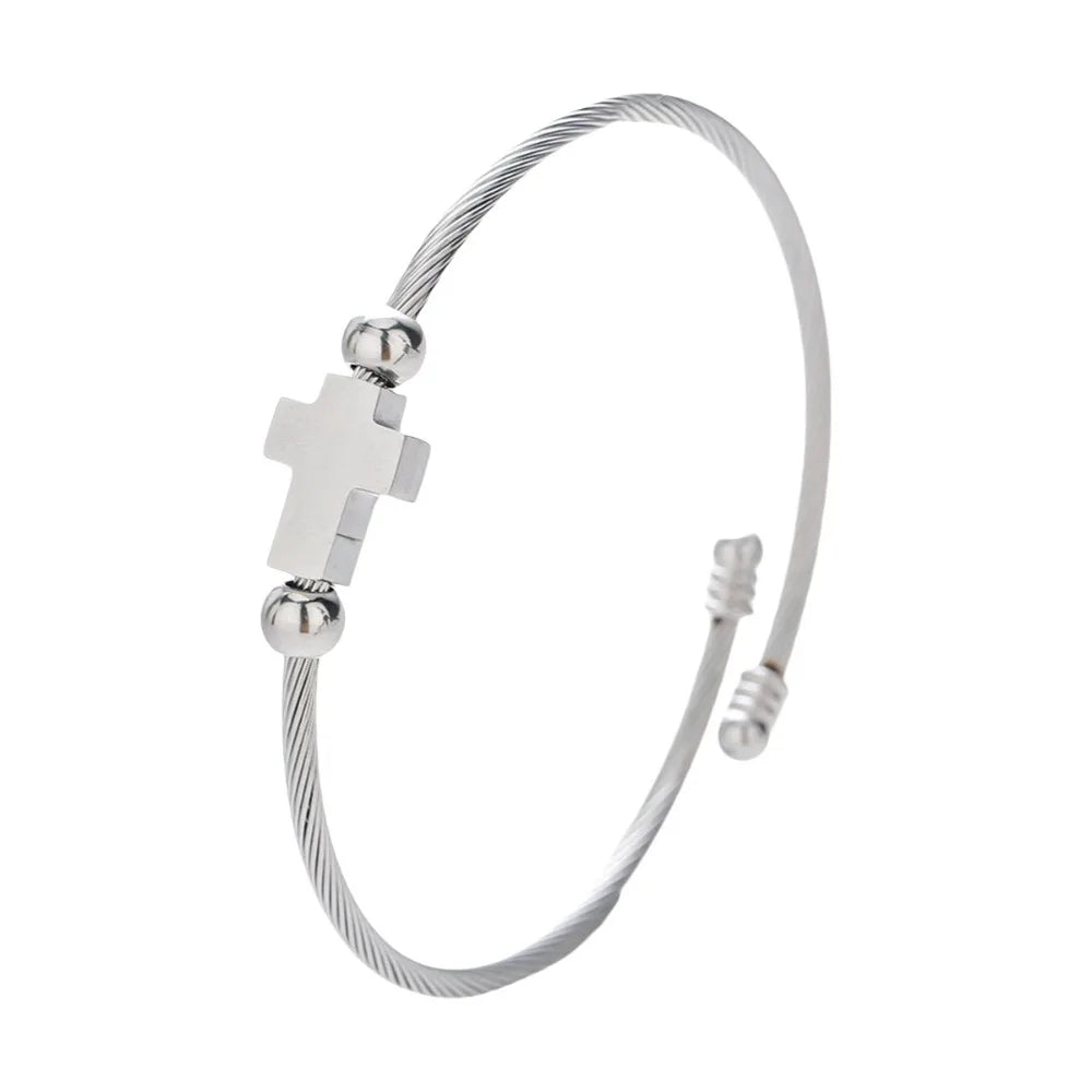 Vintage Cross Charm Adjustable Silver Open Bangle Bracelet Charm Bangle Bracelet PLUSH Silver